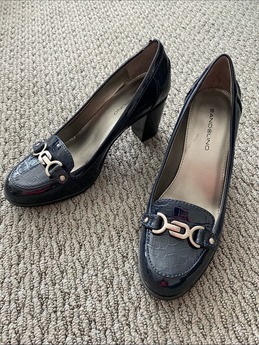 Bandolino Navy Croc-Embossed Block Heel Pumps with brushed nickel Chain Accent